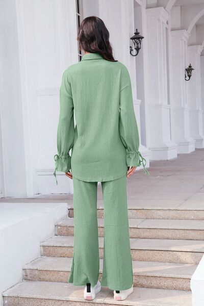 Drawstring Flounce Sleeve Shirt and Pants Set by Trendsi