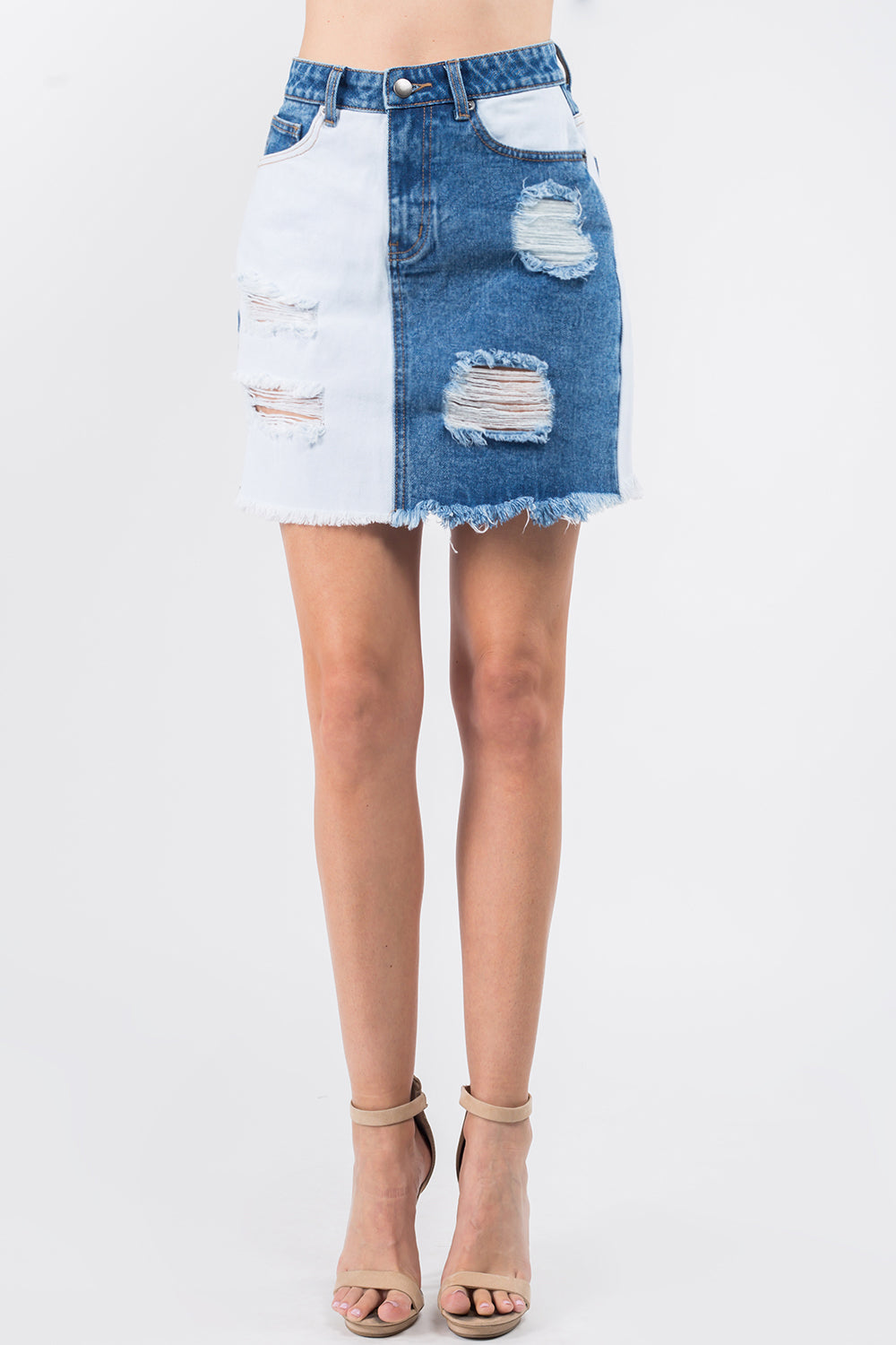 Contrast Patched Frayed Denim Skirt - Trendy & Chic | Uneeque Designzz