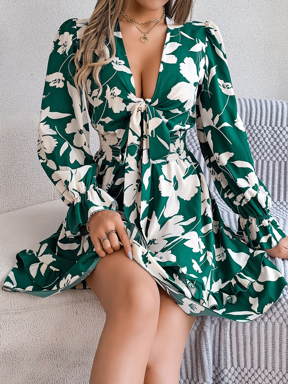 Tied Ruffled Printed Long Sleeve Dress by Trendsi