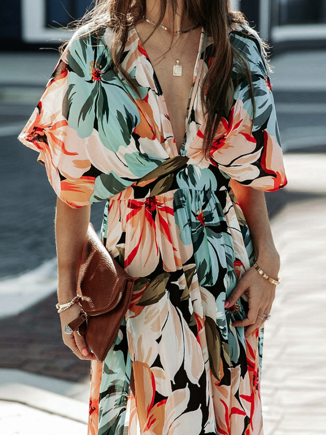 Floral Plunge Half Sleeve Dress by Trendsi