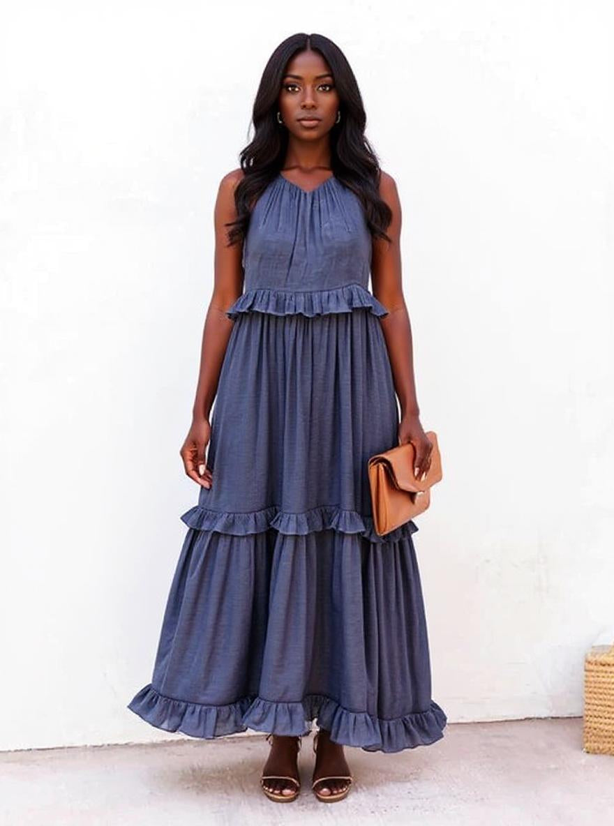 Ruffled Sleeveless Tiered Maxi Dress with Pockets