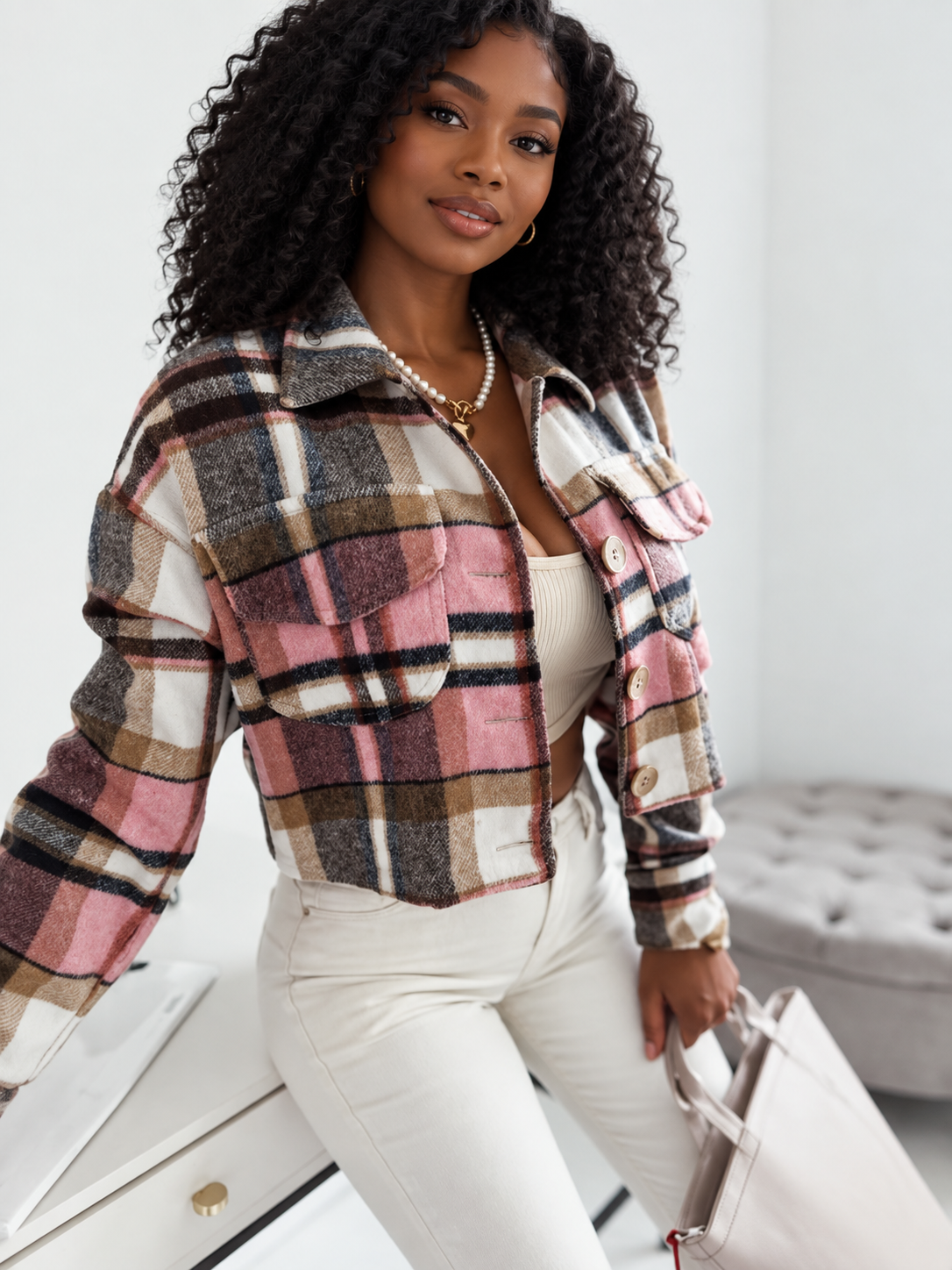 Pocketed Collared Neck Long Sleeve Plaid Jacket by Uneeque Designzz