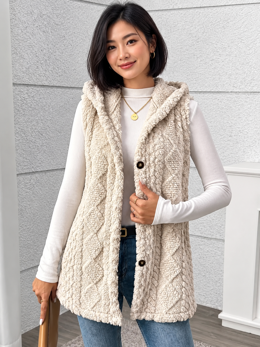 Hooded Button-Up Sherpa Vest Coat by Uneeque Designzz