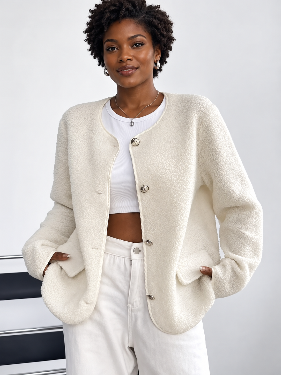 Textured Button Front Fleece Jacket Plus Size Casual Outerwear by Trendsi