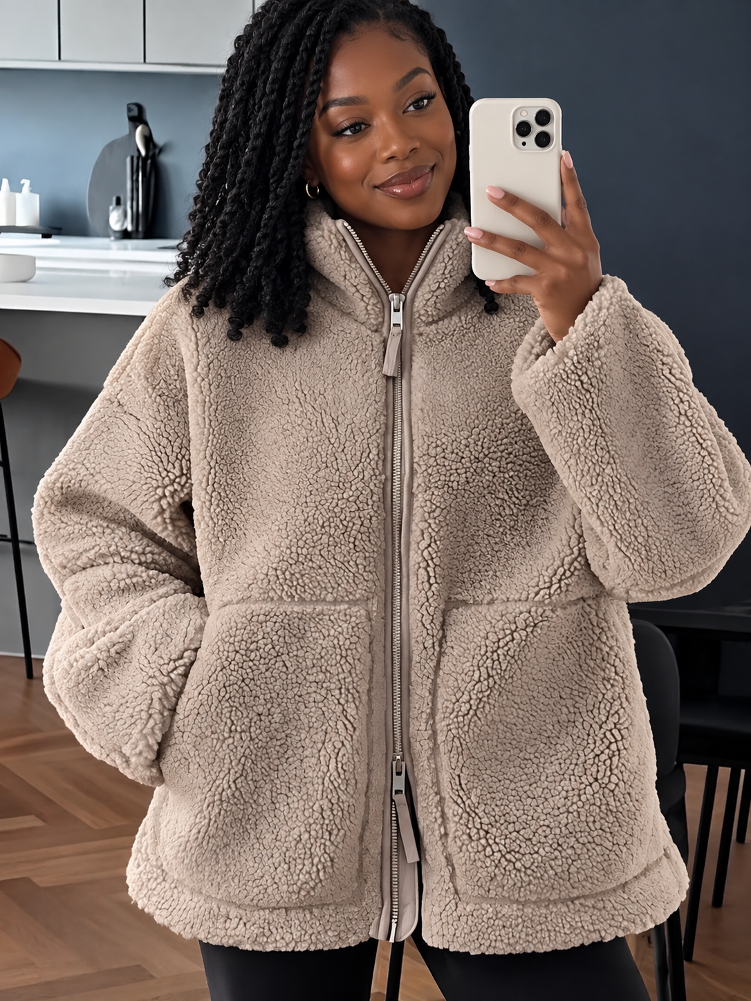 Zip-Up Turtleneck Plush Jacket Long Sleeve Pocketed Top by Trendsi