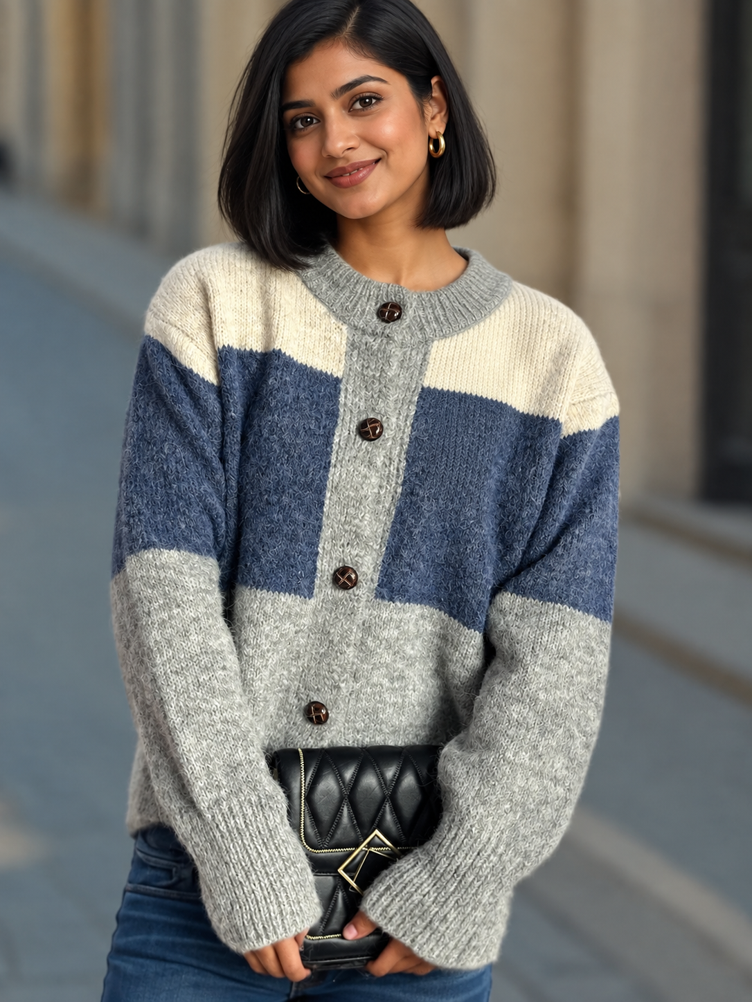 Women's Color Block Button-Up Round Neck Knit Cardigan by Trendsi