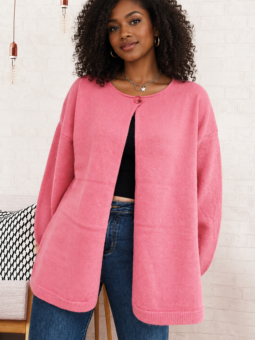 Oversized One Button Drop Shoulder Cardigan One Size Top by Trendsi