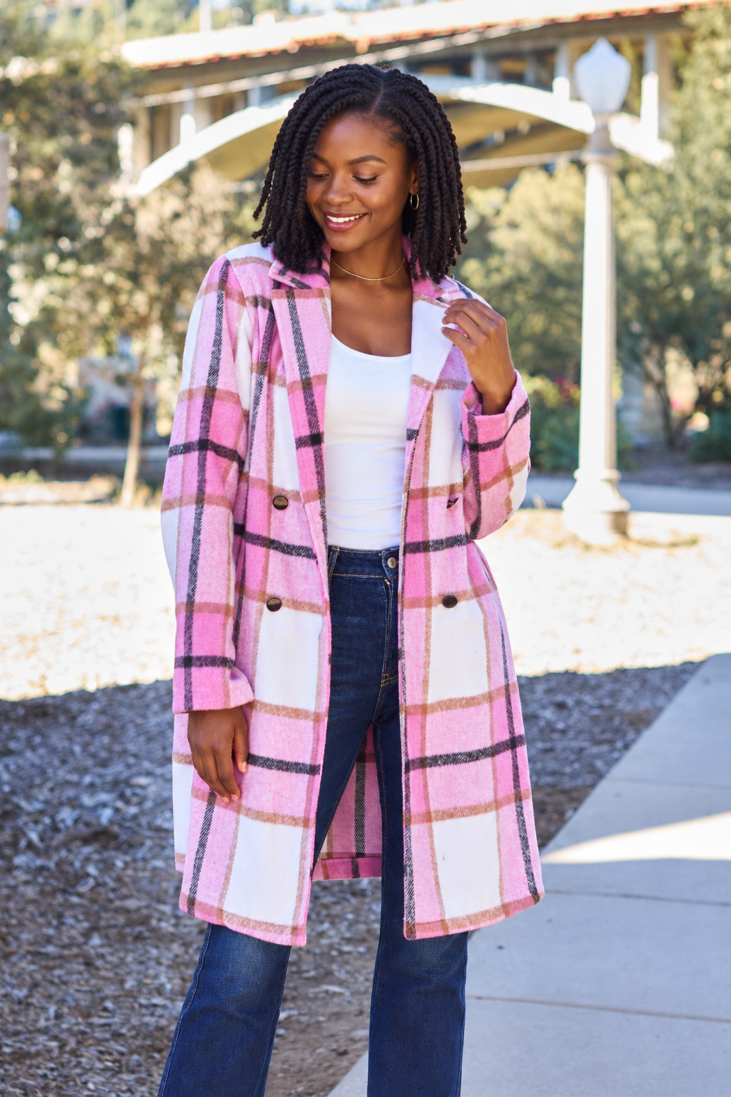 Double Take Full Size Plaid Button-Up Lapel Collar Coat by Uneeque Designzz