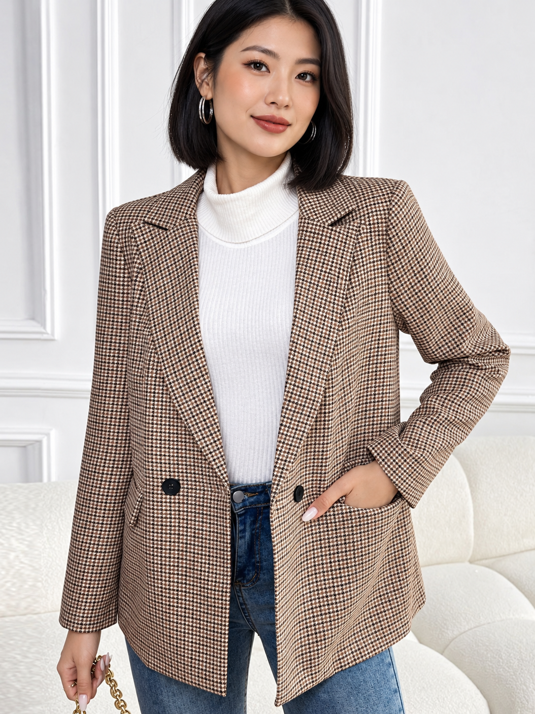 Perfee Plaid Lapel Collar Long Sleeve Blazer by Uneeque Designzz