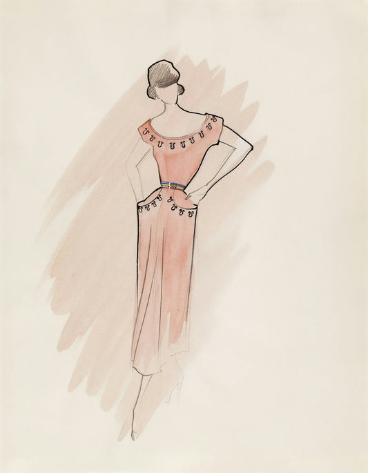 Fashion sketch of a woman in a coral dress.