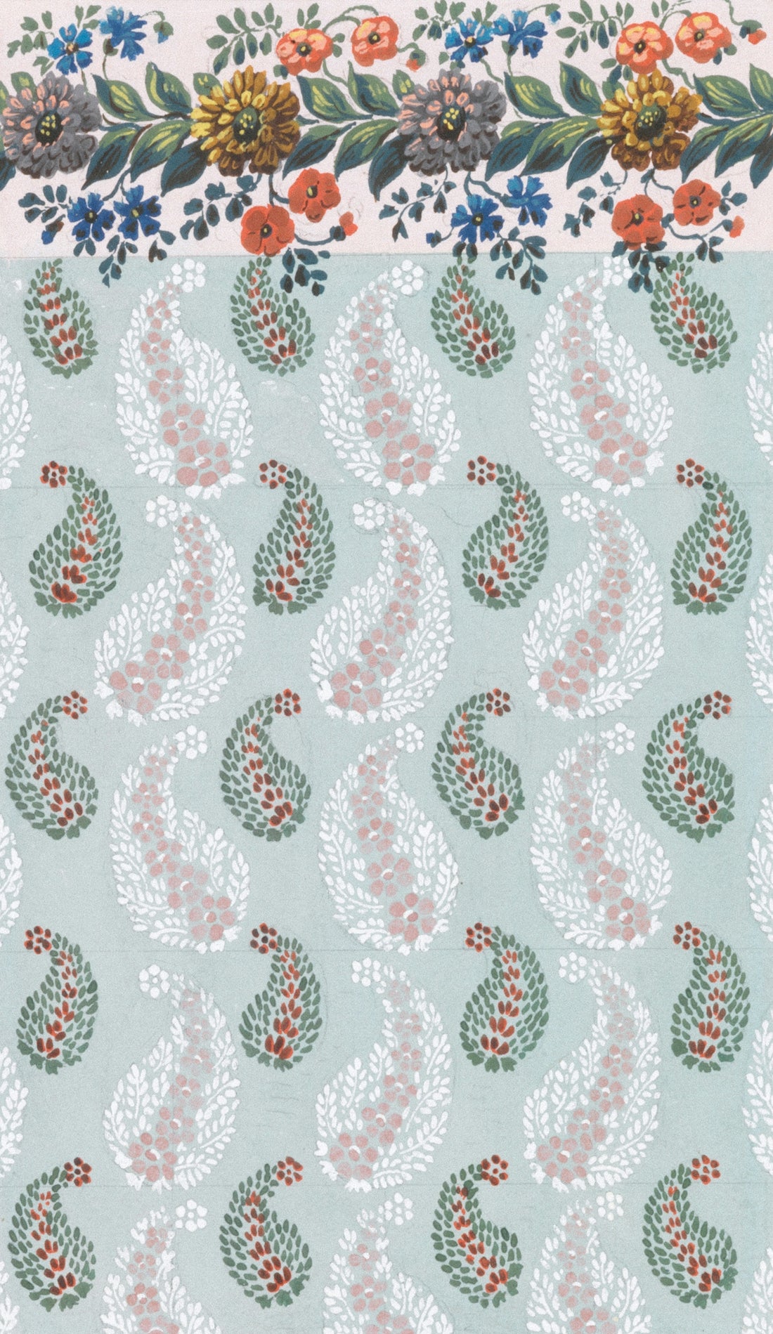 Decorative textile with a floral border and paisley pattern.