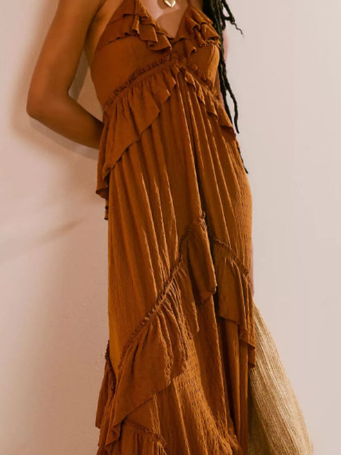 Rust-orange tiered ruffle maxi dress for women.