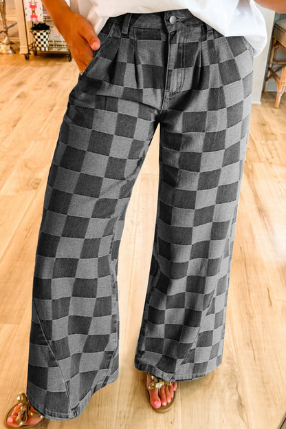 Checkered Wide Leg Jeans with Pockets – Uneeque Designzz