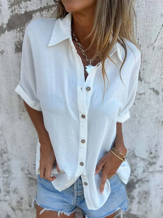 Full Size Collared Neck Half Sleeve Shirt Plus Size by Trendsi