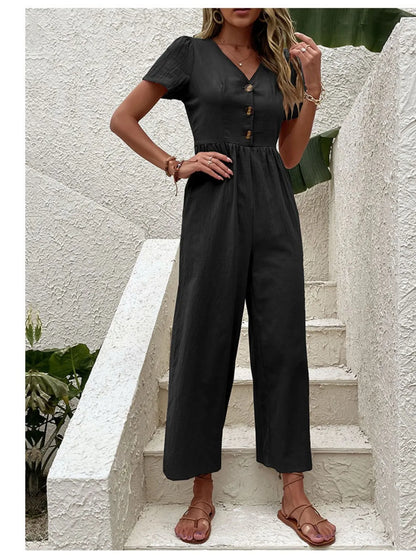 V-Neck Short Sleeve Wide Leg Jumpsuit – Uneeque Designzz