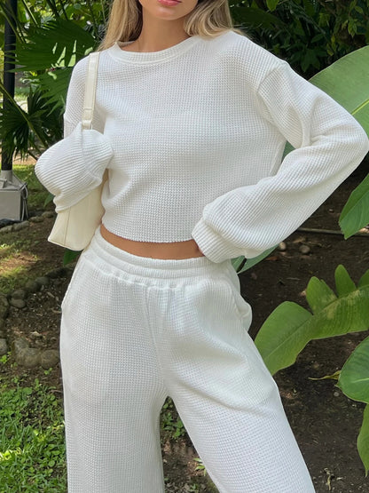 Waffle-Knit Round Neck Top and Pants Set – Uneeque Designzz
