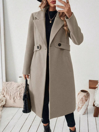 One Button Polyester Lapel Collar Belted Overcoat with Pockets – Uneeque Designzz