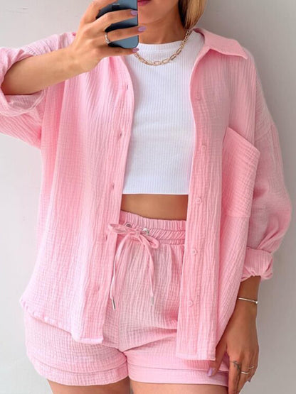Texture Button-Up Shirt and Drawstring Shorts Set – Uneeque Designzz