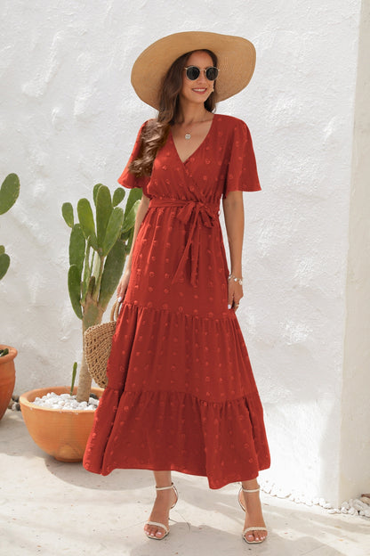 Swiss Dot Tied Surplice Short Sleeve Dress – Uneeque Designzz