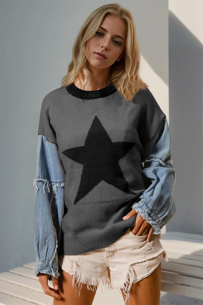 Double Take Full Size Star Pattern Raw Edge Long Sleeve Sweater – Uneeque Designzz