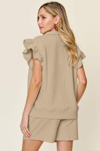 Double Take Full Size Texture Flounce Sleeve Top and Drawstring Shorts Set – Uneeque Designzz