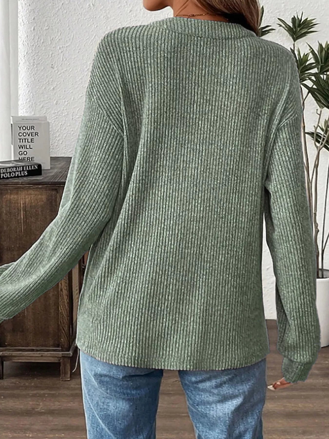 Ribbed Button Detail Long Sleeve T-Shirt by Trendsi