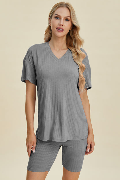 Basic Bae Full Size Ribbed V-Neck Short Sleeve Top and Shorts Set – Uneeque Designzz