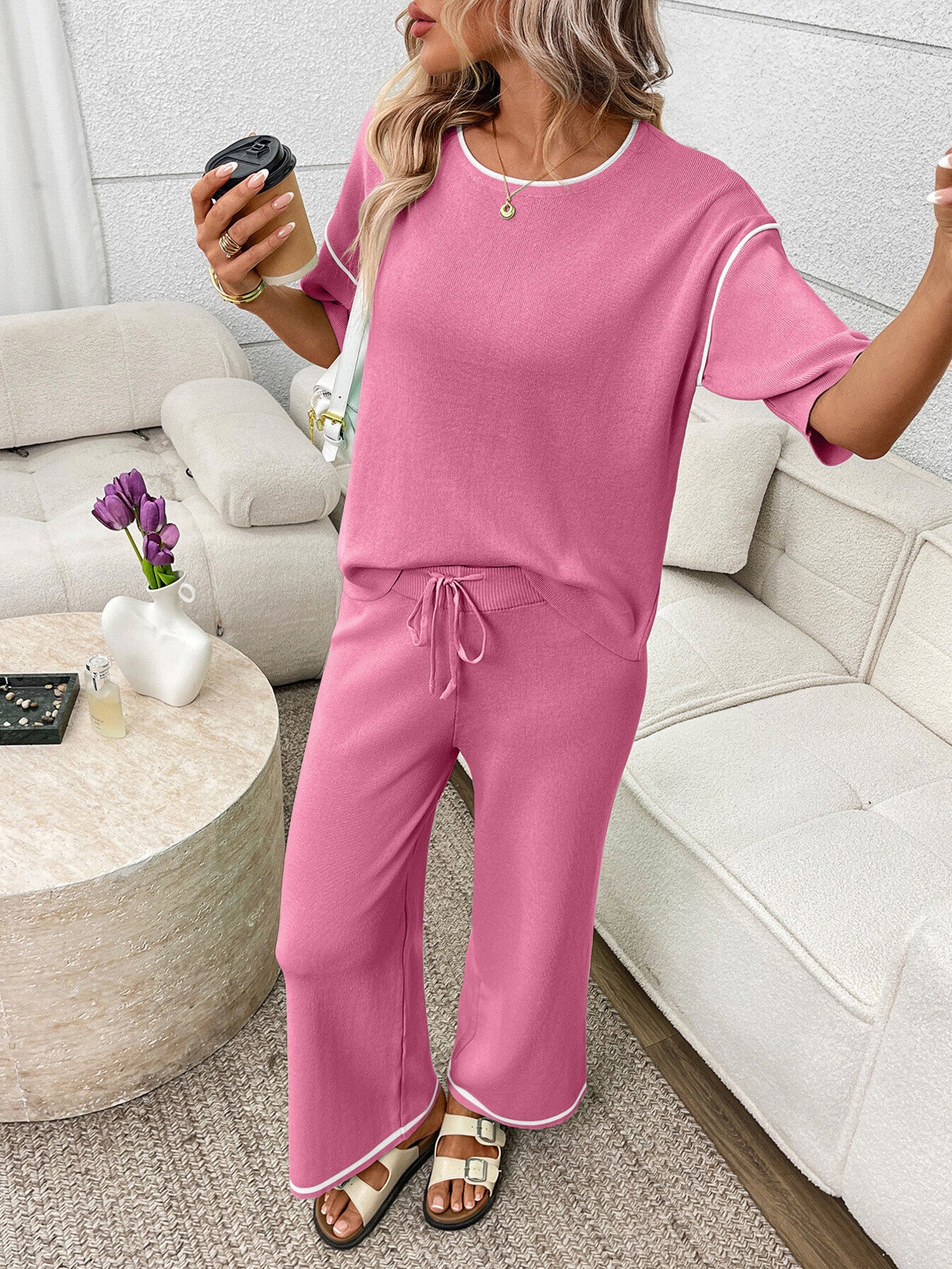 Round Neck Half Sleeve Top and Pants Set by Trendsi