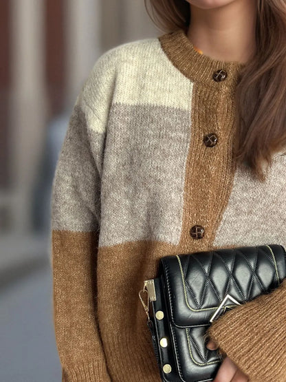 Women's Color Block Button-Up Round Neck Knit Cardigan – Uneeque Designzz