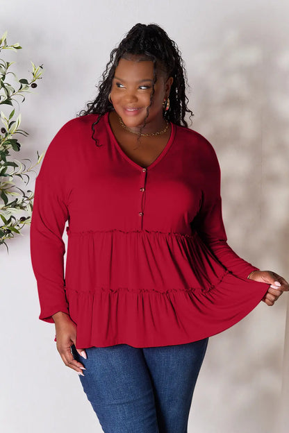 Double Take Half Button Long Sleeve Ruffle Hem Blouse – Uneeque Designzz