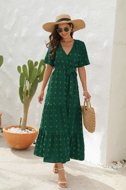 Swiss Dot Tied Surplice Short Sleeve Dress – Uneeque Designzz