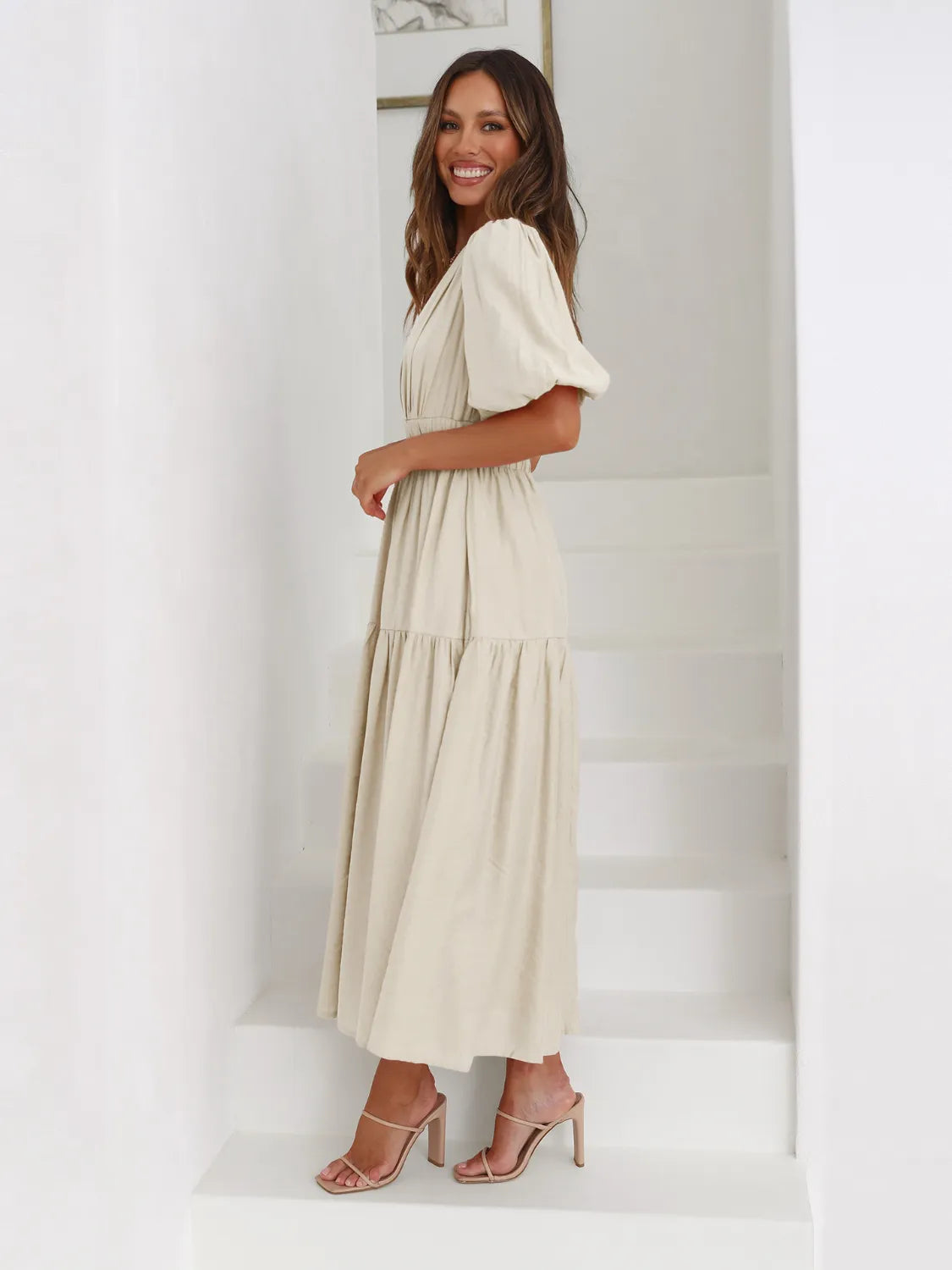 Tiered Surplice Half Sleeve Midi Dress by Trendsi