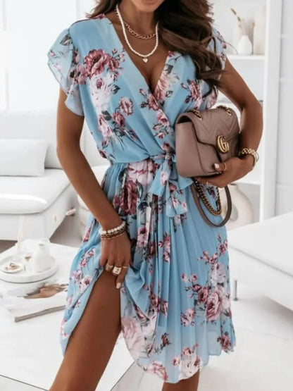 Floral Surplice Ruffled Cap Sleeve Dress – Uneeque Designzz