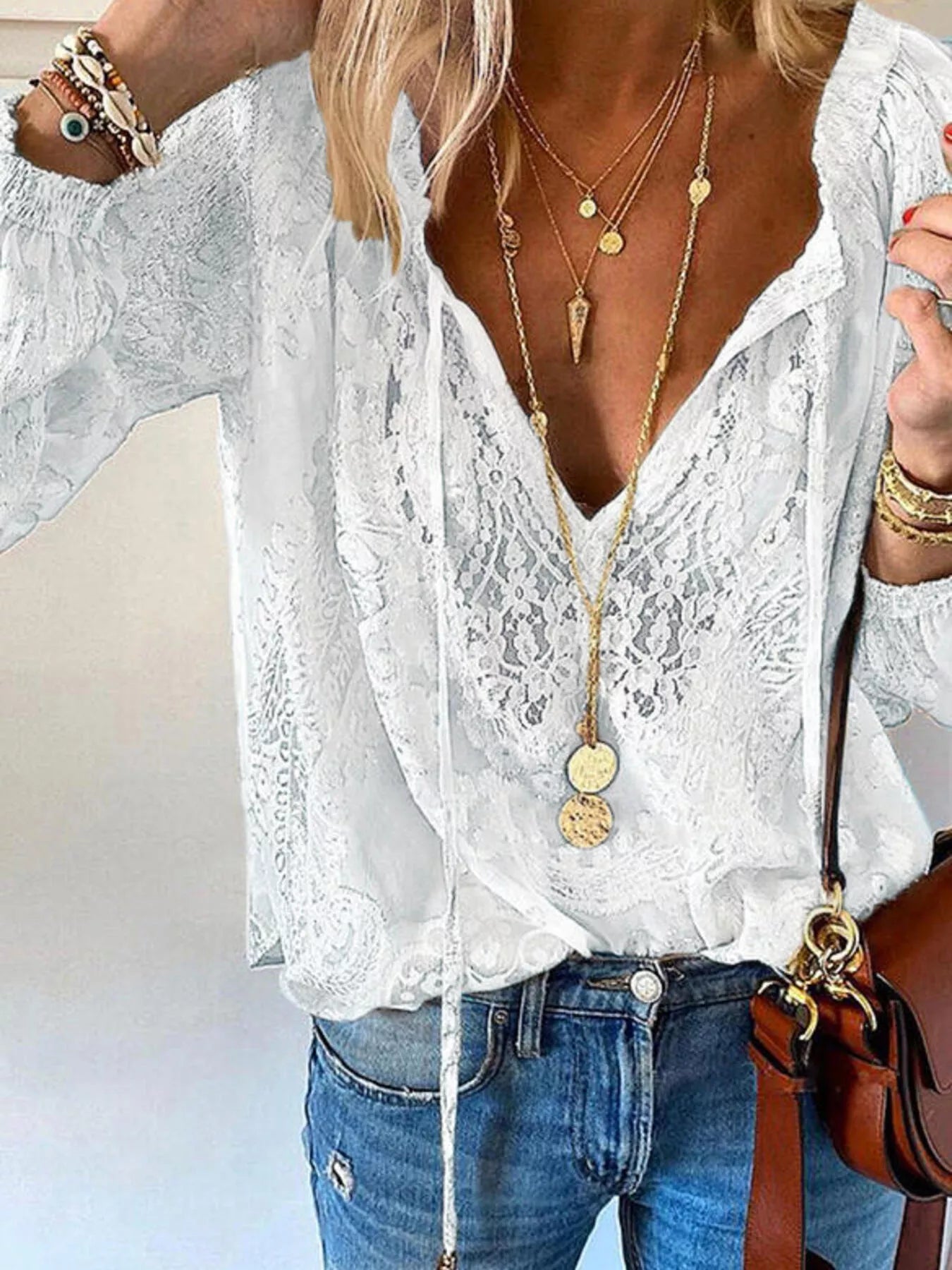 Lace Tie-Neck Blouse by Trendsi