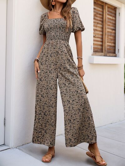 Perfee Smocked Printed Square Neck Puff Sleeve Jumpsuit – Uneeque Designzz