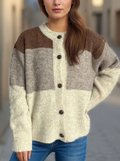 Women's Color Block Button-Up Round Neck Knit Cardigan – Uneeque Designzz