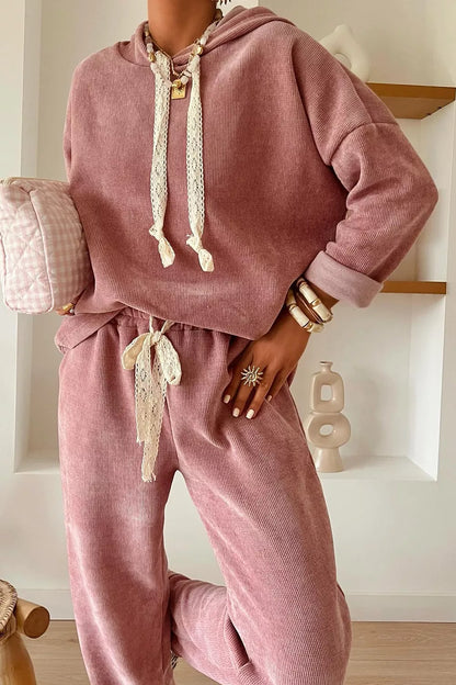 Lace Detail Dropped Shoulder Hoodie and Pants Set – Uneeque Designzz