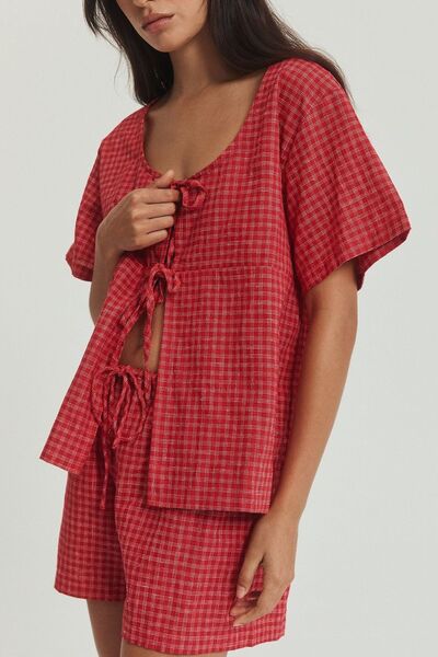 Plaid Tied Scoop Neck Short Sleeve Top and Drawstring Shorts Set – Uneeque Designzz
