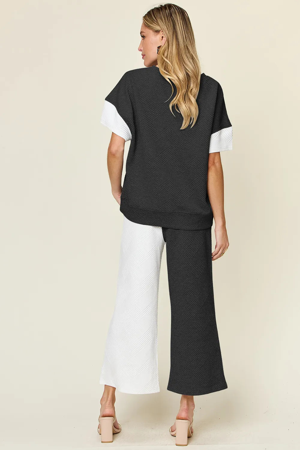 Double Take Full Size Texture Contrast T-Shirt and Wide Leg Pants Set by Trendsi