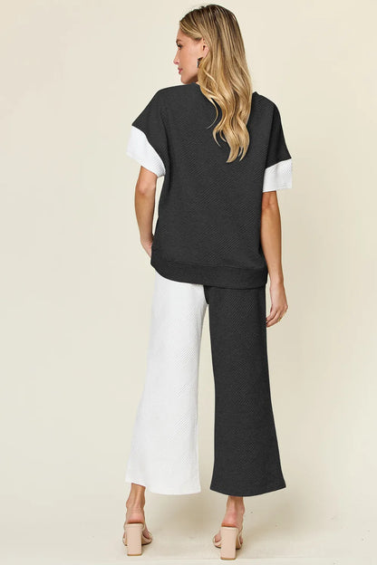Double Take Full Size Texture Contrast T-Shirt and Wide Leg Pants Set – Uneeque Designzz
