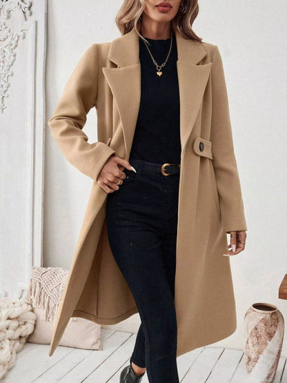 One Button Polyester Lapel Collar Belted Overcoat with Pockets – Uneeque Designzz
