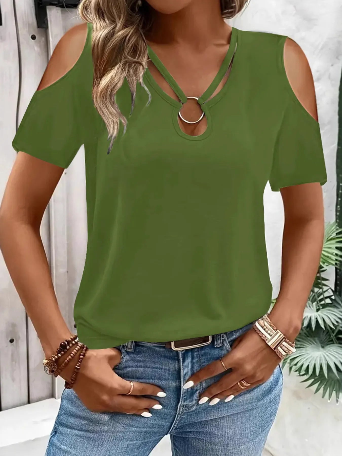 Cold Shoulder T-Shirt with Metal Ring Detail by Trendsi