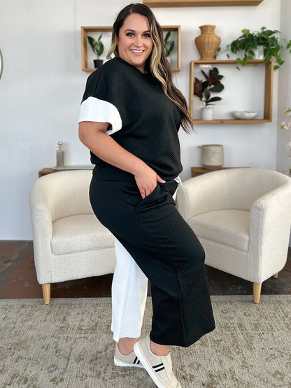 Double Take Full Size Texture Contrast T-Shirt and Wide Leg Pants Set – Uneeque Designzz