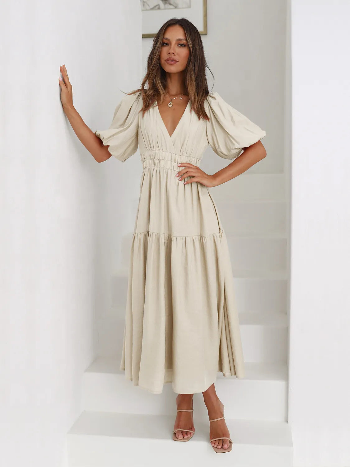 Tiered Surplice Half Sleeve Midi Dress by Trendsi