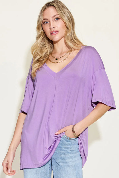 Basic Bae Full Size Bamboo V-Neck Drop Shoulder T-Shirt – Uneeque Designzz