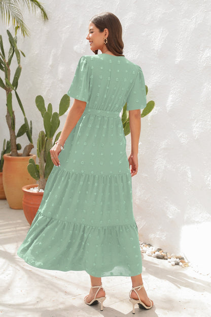 Swiss Dot Tied Surplice Short Sleeve Dress – Uneeque Designzz