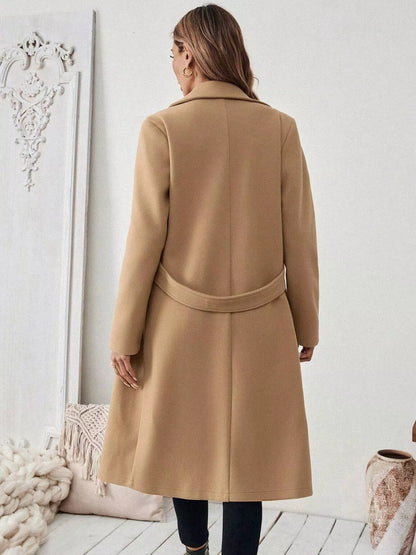 One Button Polyester Lapel Collar Belted Overcoat with Pockets – Uneeque Designzz
