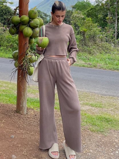 Waffle-Knit Round Neck Top and Pants Set – Uneeque Designzz
