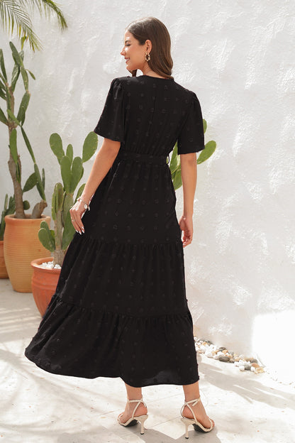 Swiss Dot Tied Surplice Short Sleeve Dress – Uneeque Designzz