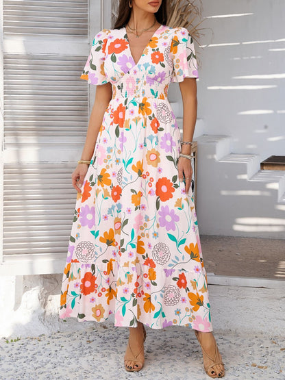 Devine Smocked Printed V-Neck Short Sleeve Maxi Dress – Uneeque Designzz